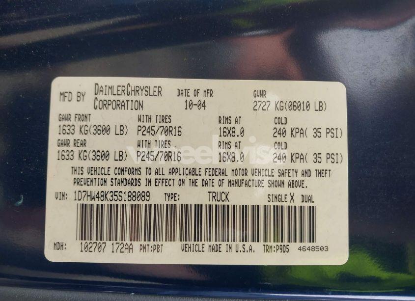 Photo 9 of 2005 Dodge Dakota SLT (VIN 1D7HW48K35S188089)