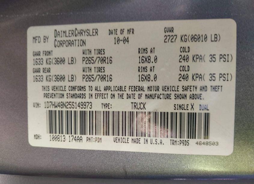 Photo 9 of 2005 Dodge Dakota SLT (VIN 1D7HW48N25S149973)