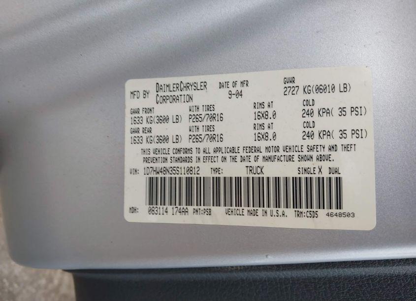 Photo 9 of 2005 Dodge Dakota SLT (VIN 1D7HW48N35S110812)