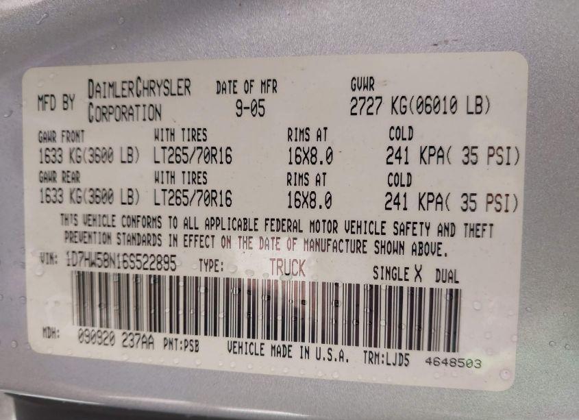Photo 9 of 2006 Dodge Dakota LARAMIE (VIN 1D7HW58N16S522895)