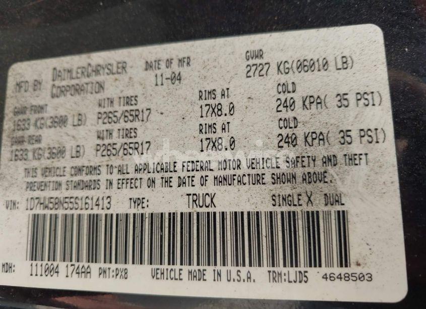 Photo 9 of 2005 Dodge Dakota LARAMIE (VIN 1D7HW58N55S161413)