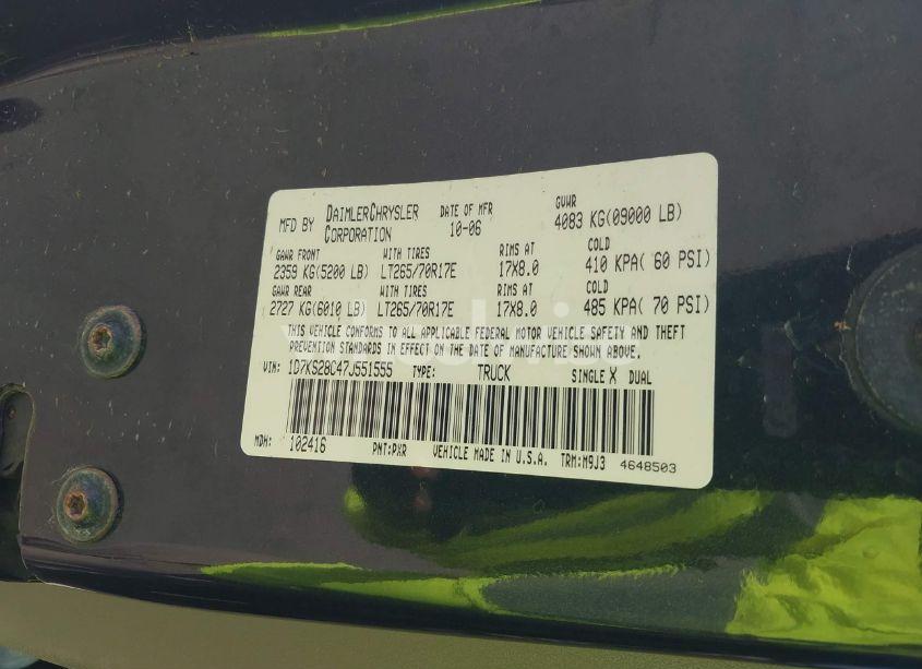 Photo 9 of 2007 Dodge Ram 2500 SLT/SPORT (VIN 1D7KS28C47J551555)