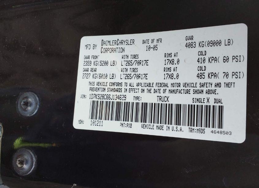 Photo 9 of 2006 Dodge Ram 2500 SLT/SPORT (VIN 1D7KS28C66J134629)