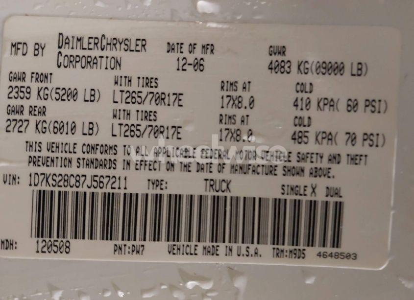 Photo 9 of 2007 Dodge Ram 2500 SLT/TRX4 OFF ROAD/SPORT/POWER WAGON (VIN 1D7KS28C87J567211)