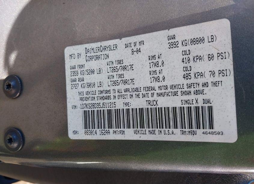 Photo 9 of 2005 Dodge Ram 2500 SLT/LARAMIE (VIN 1D7KS28D35J511215)