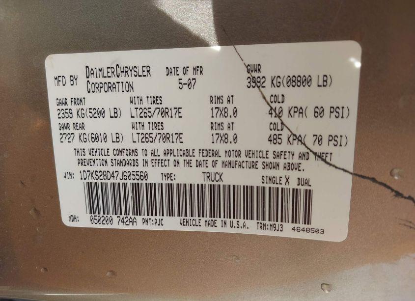 Photo 9 of 2007 Dodge Ram 2500 SLT/TRX4 OFF ROAD/SPORT/POWER WAGON (VIN 1D7KS28D47J605560)