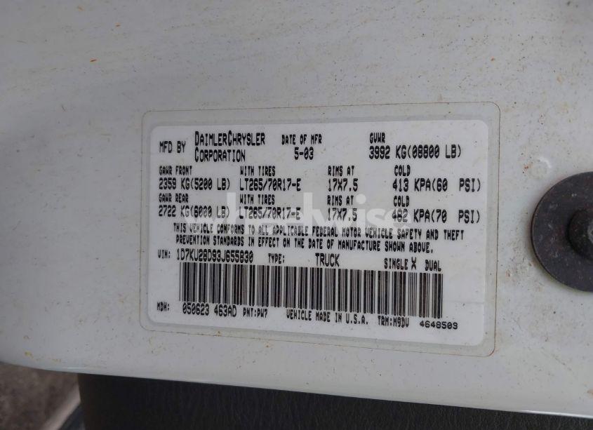 Photo 9 of 2003 Dodge Ram 2500 SLT/LARAMIE/ST (VIN 1D7KU28D93J655830)