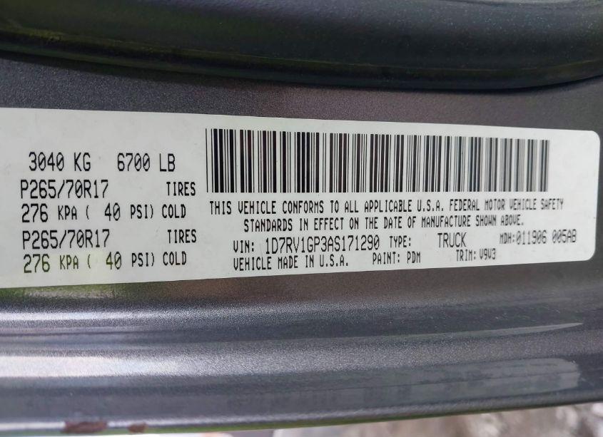 Photo 9 of 2010 Dodge Ram 1500 SLT/SPORT/TRX (VIN 1D7RV1GP3AS171290)