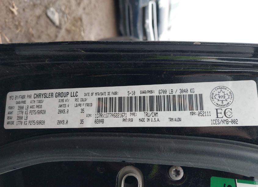 Photo 9 of 2010 Dodge Ram 1500 SLT/SPORT/TRX (VIN 1D7RV1GT7AS221671)