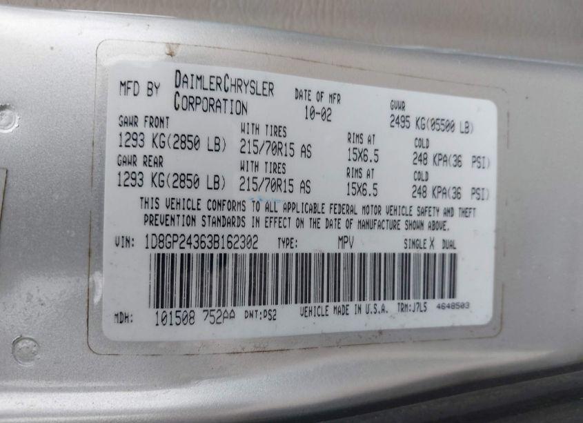 Photo 9 of 2003 Dodge Grand CARAVAN SE (VIN 1D8GP24363B162302)