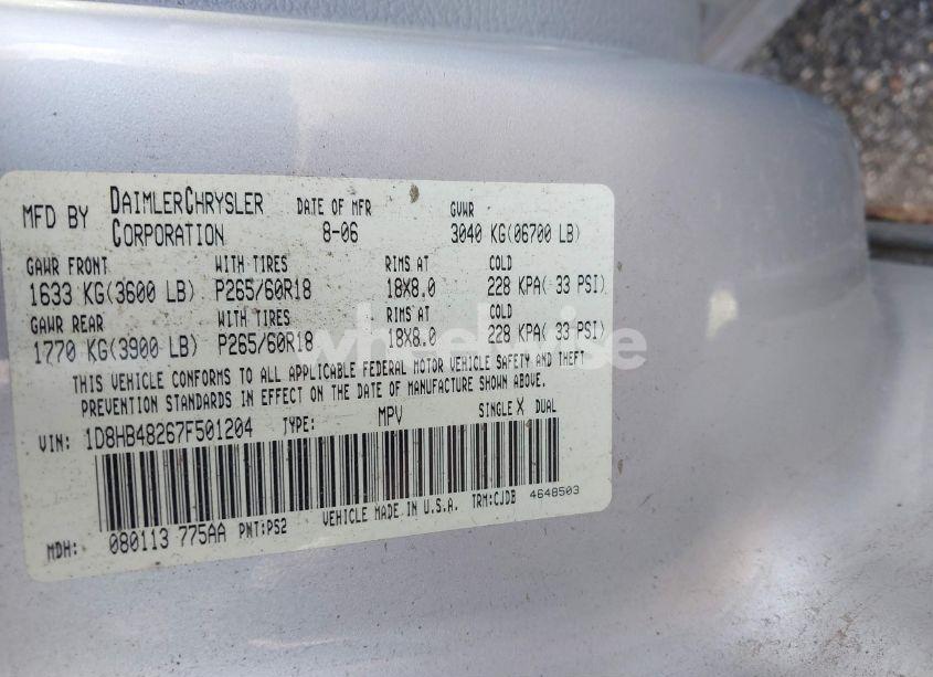 Photo 9 of 2007 Dodge Durango SLT (VIN 1D8HB48267F501204)