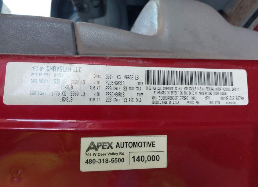 Photo 9 of 2008 Dodge Durango SLT (VIN 1D8HB48N38F137903)