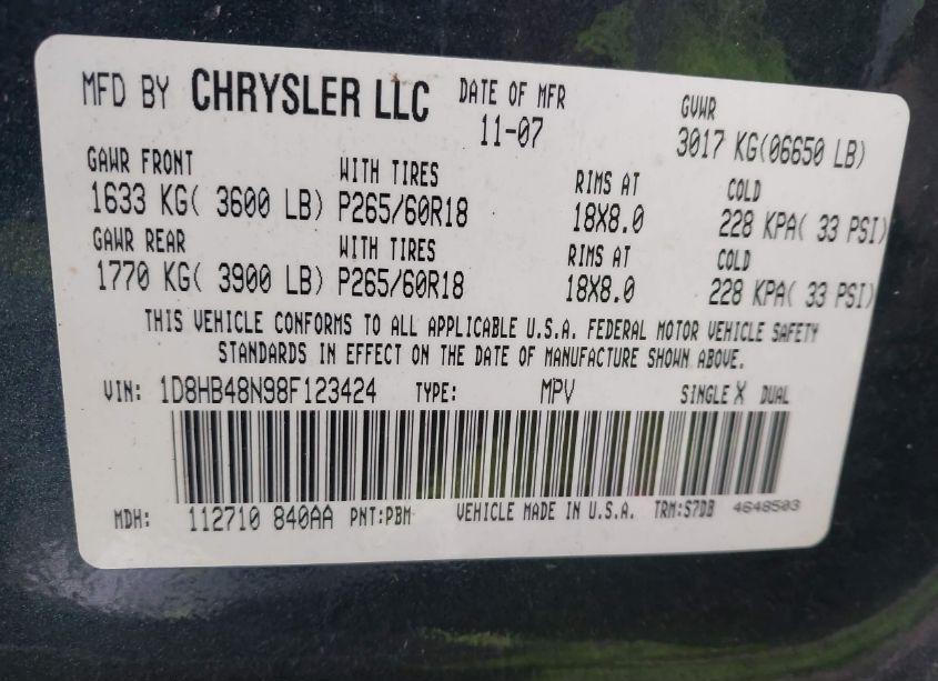 Photo 9 of 2008 Dodge Durango SLT (VIN 1D8HB48N98F123424)