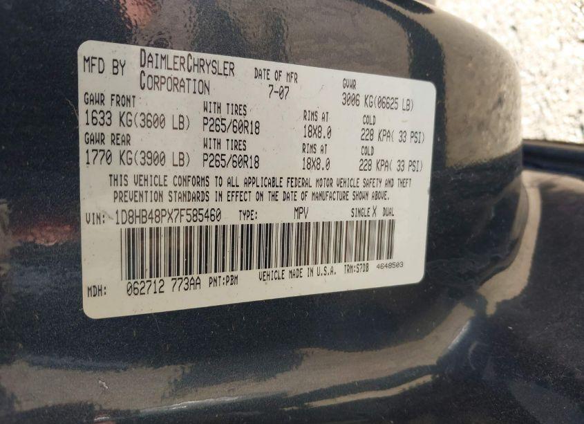 Photo 9 of 2007 Dodge Durango SLT (VIN 1D8HB48PX7F585460)