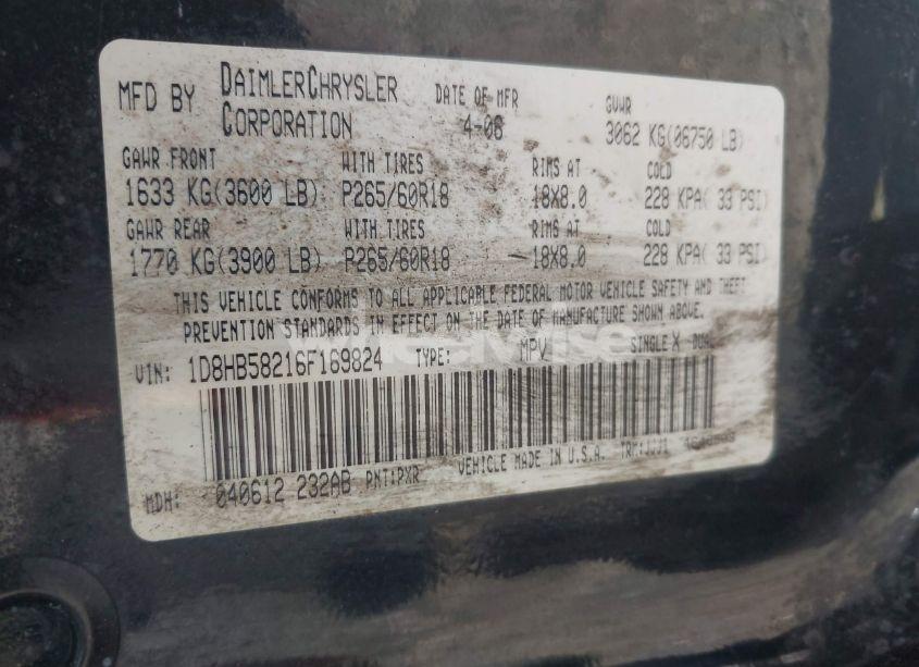 Photo 9 of 2006 Dodge Durango LIMITED (VIN 1D8HB58216F169824)