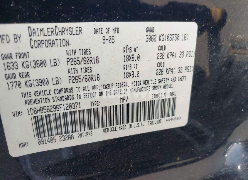 Photo 9 of 2006 Dodge Durango LIMITED (VIN 1D8HB58296F120371)