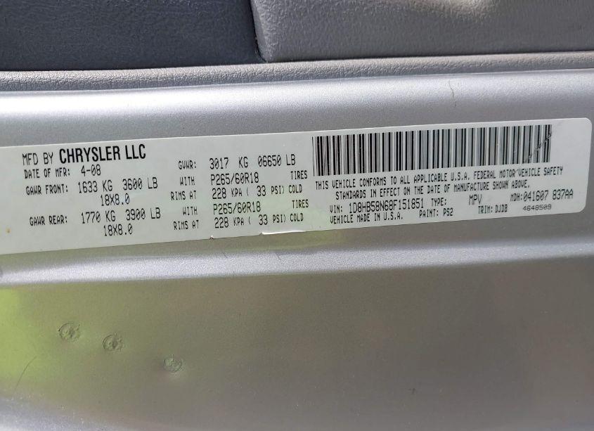 Photo 9 of 2008 Dodge Durango LIMITED (VIN 1D8HB58N68F151851)