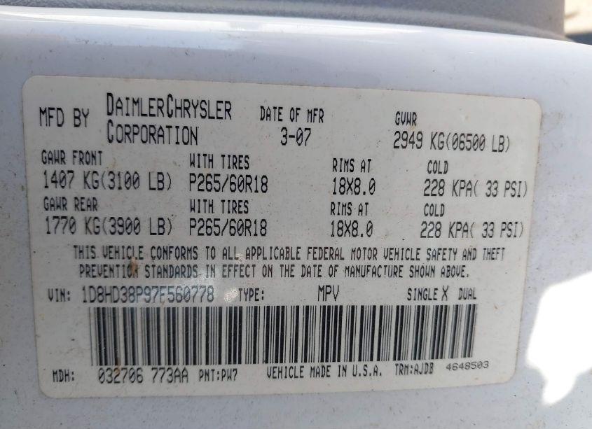 Photo 9 of 2007 Dodge Durango SXT (VIN 1D8HD38P97F560778)