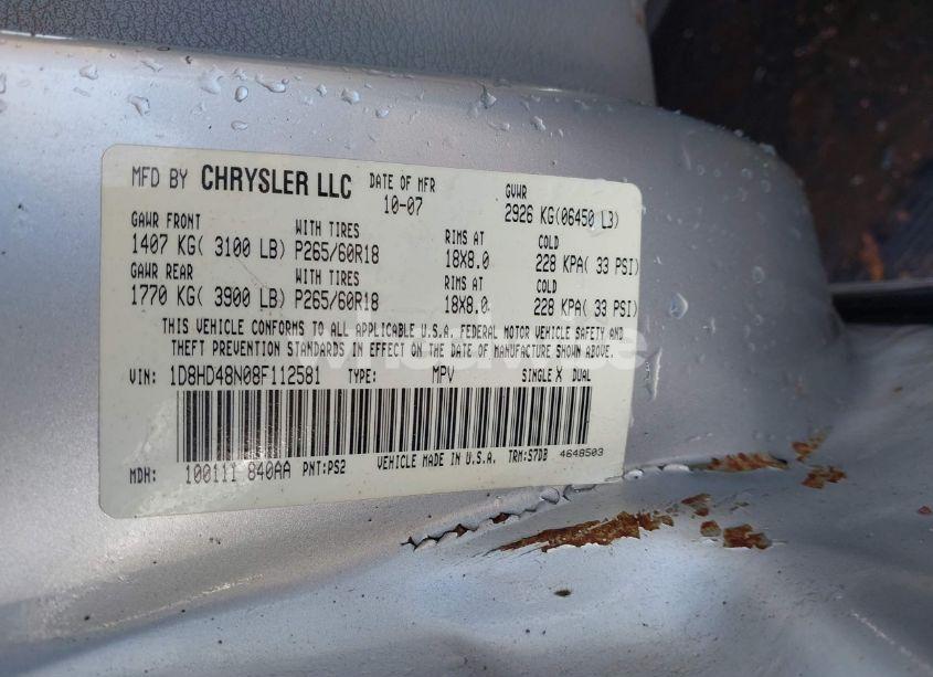 Photo 9 of 2008 Dodge Durango SLT (VIN 1D8HD48N08F112581)