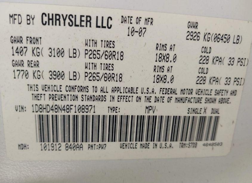 Photo 9 of 2008 Dodge Durango SLT (VIN 1D8HD48N48F108971)