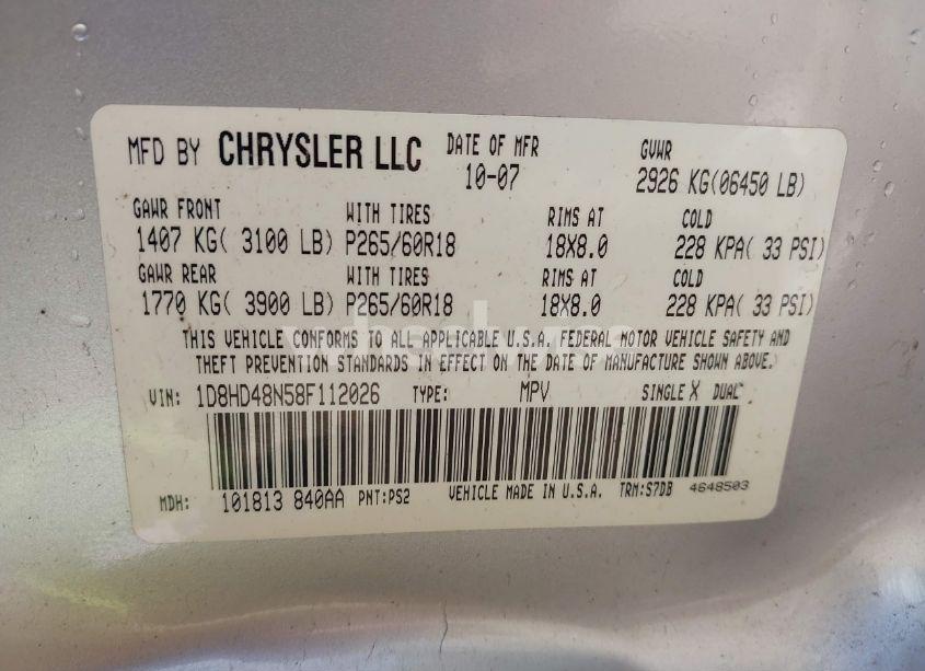 Photo 9 of 2008 Dodge Durango SLT (VIN 1D8HD48N58F112026)