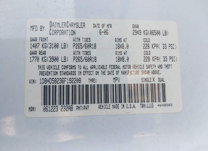 Photo 9 of 2006 Dodge Durango LIMITED (VIN 1D8HD58236F192208)