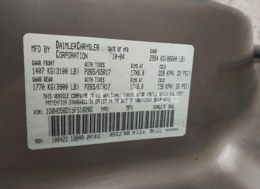 Photo 9 of 2005 Dodge Durango LIMITED (VIN 1D8HD58D15F518202)