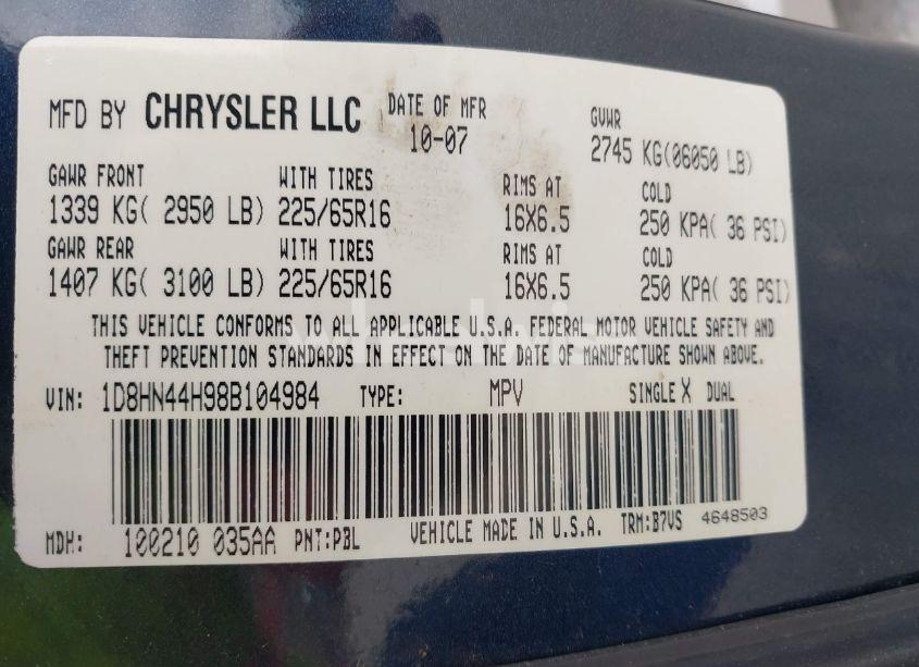 Photo 9 of 2008 Dodge Grand CARAVAN SE (VIN 1D8HN44H98B104984)