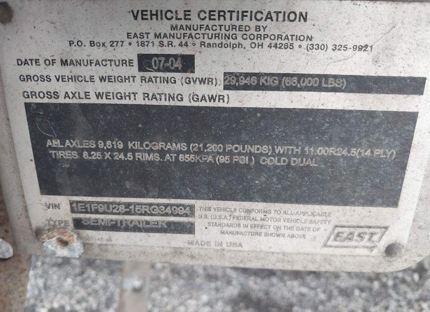 Photo 9 of 2005 East Manufacturing DUMP (VIN 1E1F9U2815RG34994)