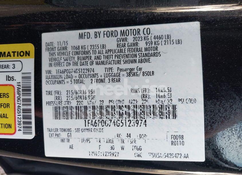 Photo 9 of 2016 Ford Fusion S (VIN 1FA6P0G74G5123974)