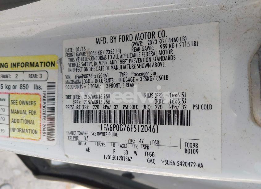 Photo 9 of 2015 Ford Fusion S (VIN 1FA6P0G76F5120461)