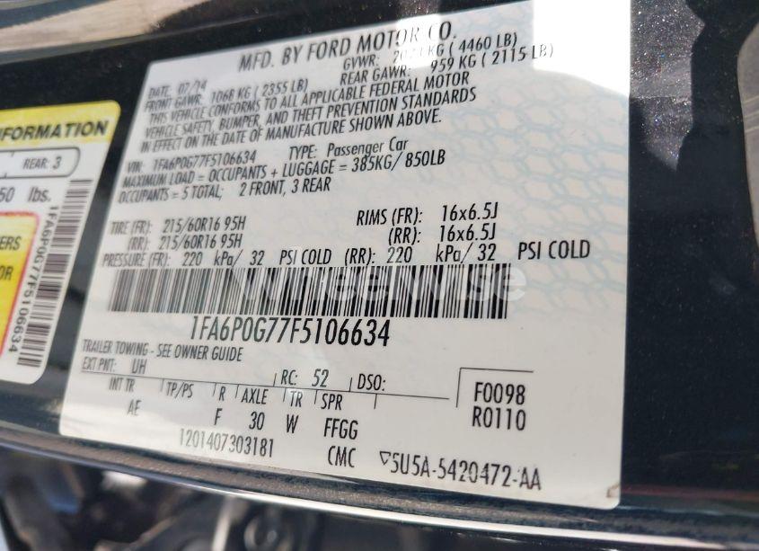 Photo 9 of 2015 Ford Fusion S (VIN 1FA6P0G77F5106634)