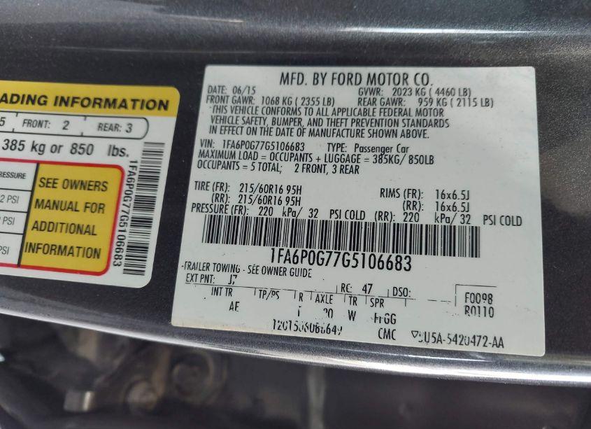 Photo 9 of 2016 Ford Fusion S (VIN 1FA6P0G77G5106683)