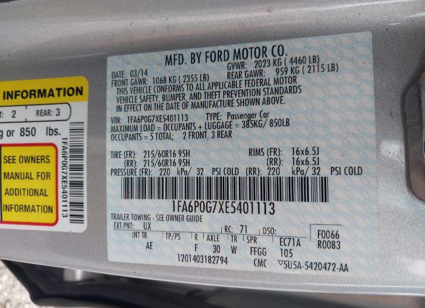 Photo 9 of 2014 Ford Fusion S (VIN 1FA6P0G7XE5401113)