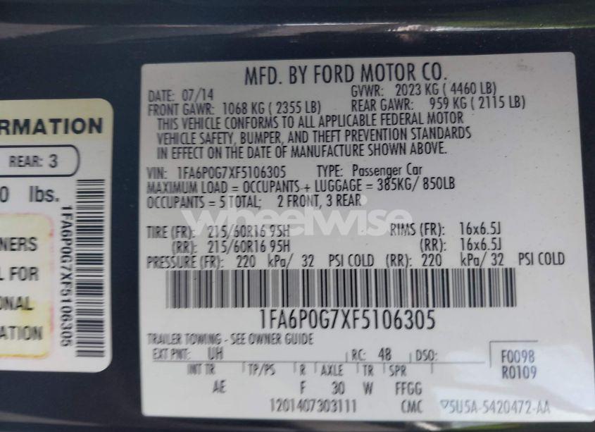 Photo 9 of 2015 Ford Fusion S (VIN 1FA6P0G7XF5106305)