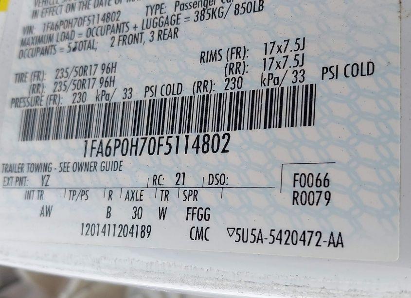 Photo 9 of 2015 Ford Fusion SE (VIN 1FA6P0H70F5114802)