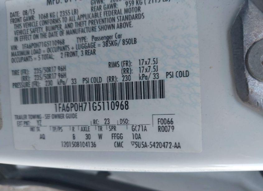 Photo 9 of 2016 Ford Fusion SE (VIN 1FA6P0H71G5110968)