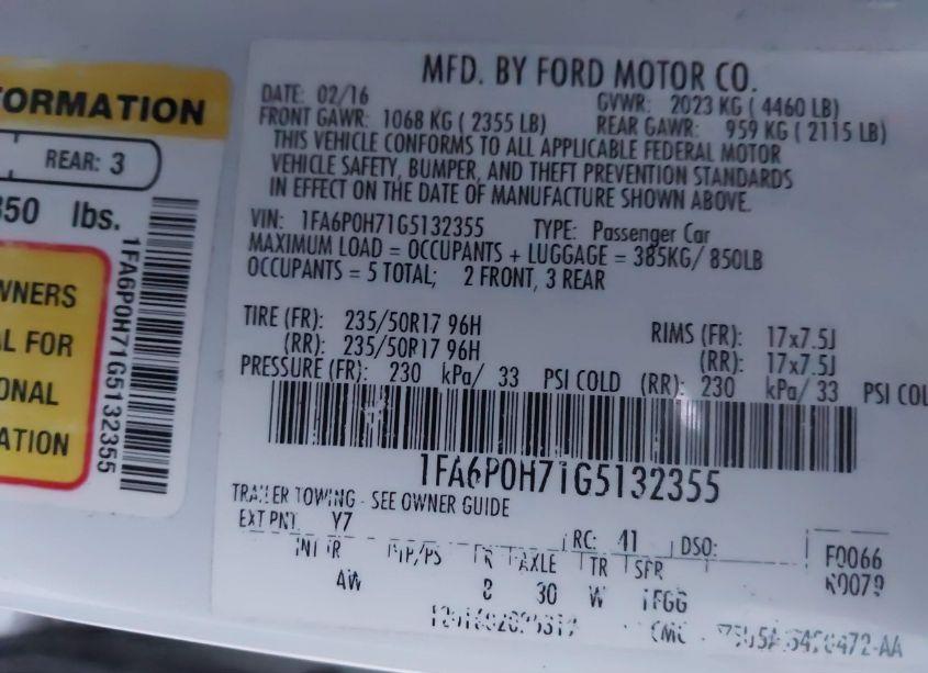 Photo 9 of 2016 Ford Fusion SE (VIN 1FA6P0H71G5132355)