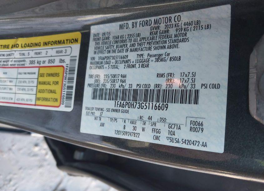 Photo 9 of 2016 Ford Fusion SE (VIN 1FA6P0H73G5116609)