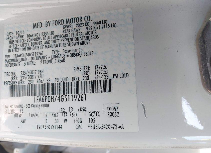 Photo 9 of 2016 Ford Fusion SE (VIN 1FA6P0H74G5119261)