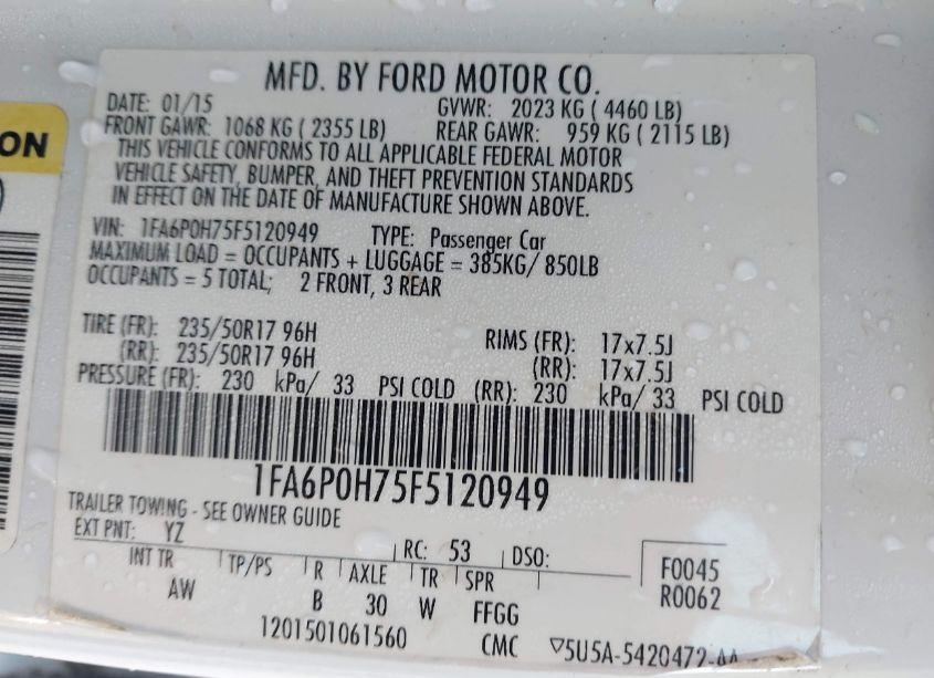 Photo 9 of 2015 Ford Fusion SE (VIN 1FA6P0H75F5120949)