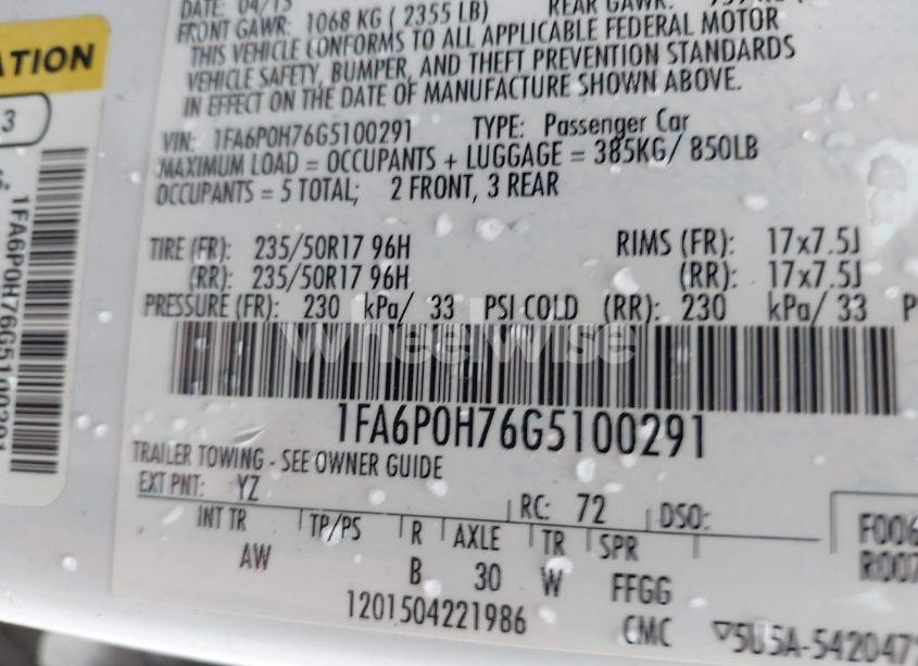 Photo 9 of 2016 Ford Fusion SE (VIN 1FA6P0H76G5100291)