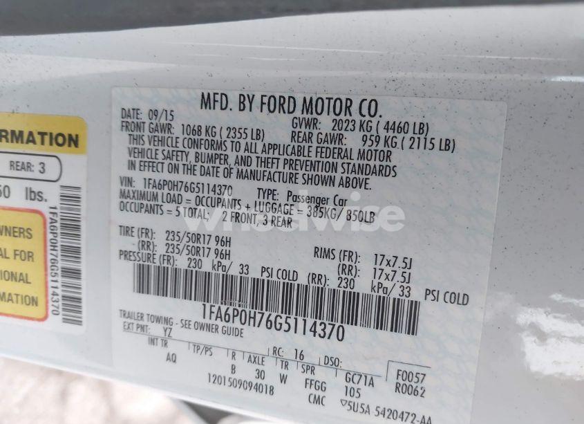 Photo 9 of 2016 Ford Fusion SE (VIN 1FA6P0H76G5114370)