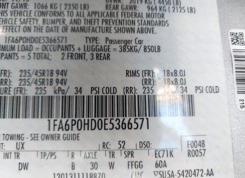 Photo 9 of 2014 Ford Fusion SE (VIN 1FA6P0HD0E5366571)