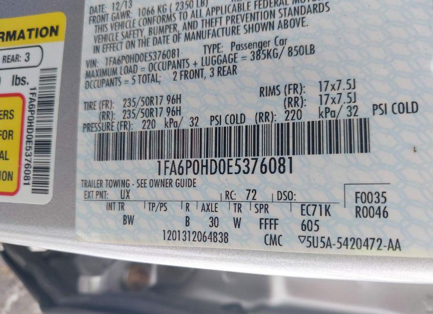 Photo 9 of 2014 Ford Fusion SE (VIN 1FA6P0HD0E5376081)