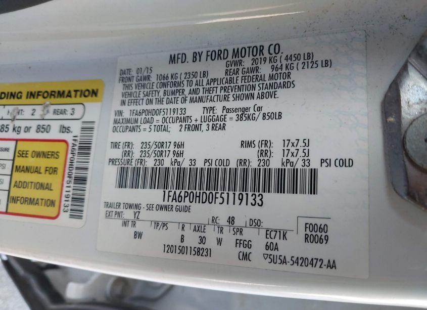 Photo 9 of 2015 Ford Fusion SE (VIN 1FA6P0HD0F5119133)