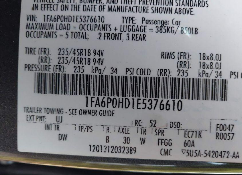 Photo 9 of 2014 Ford Fusion SE (VIN 1FA6P0HD1E5376610)