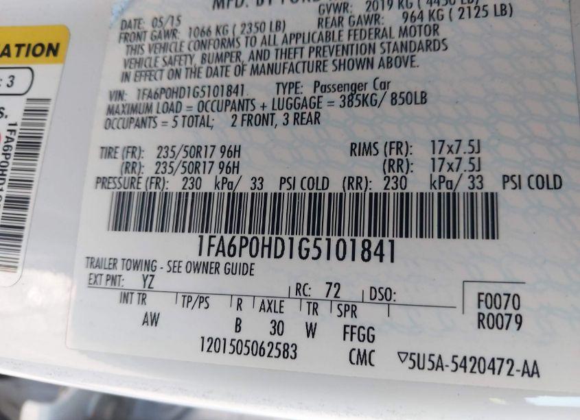 Photo 9 of 2016 Ford Fusion SE (VIN 1FA6P0HD1G5101841)