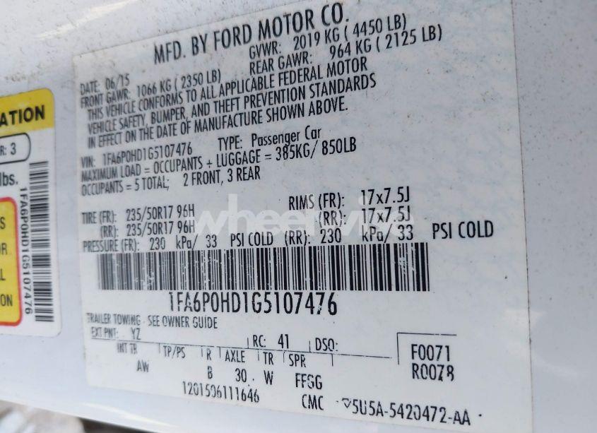 Photo 9 of 2016 Ford Fusion SE (VIN 1FA6P0HD1G5107476)