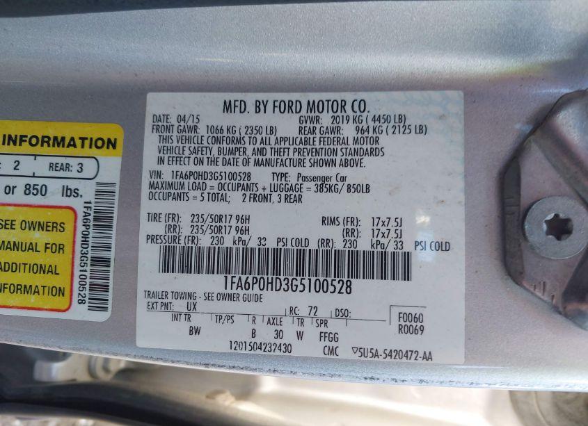 Photo 9 of 2016 Ford Fusion SE (VIN 1FA6P0HD3G5100528)